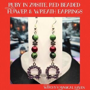 Ruby Zoisite, Beaded Flower Spacers Wreath Charm Gemstone Festive earrings